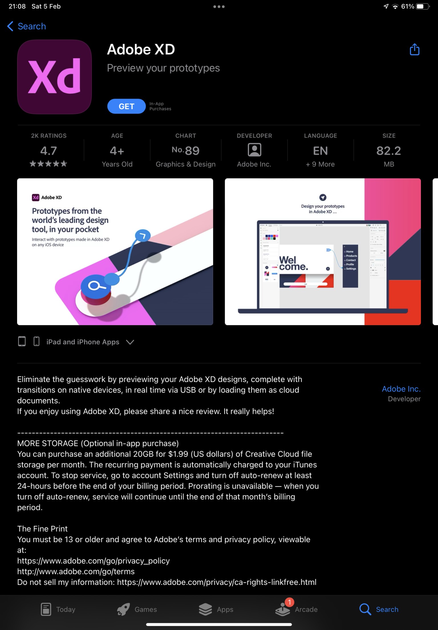 This is a screenshot of the Adobe XD app page on the Apple App Store.  It shows app details including rating, size, developer, and in-app purchase options for additional cloud storage.  Screenshots of the app's interface are also displayed.
