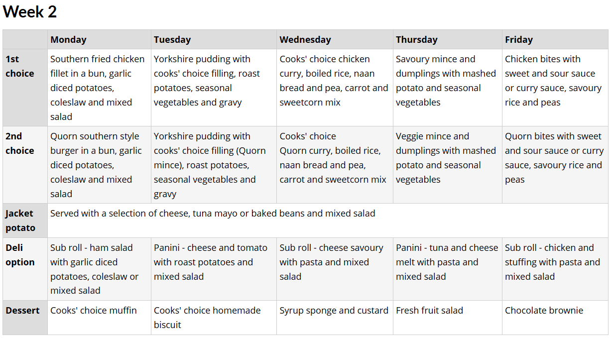 Monday to Friday Lunch Menu