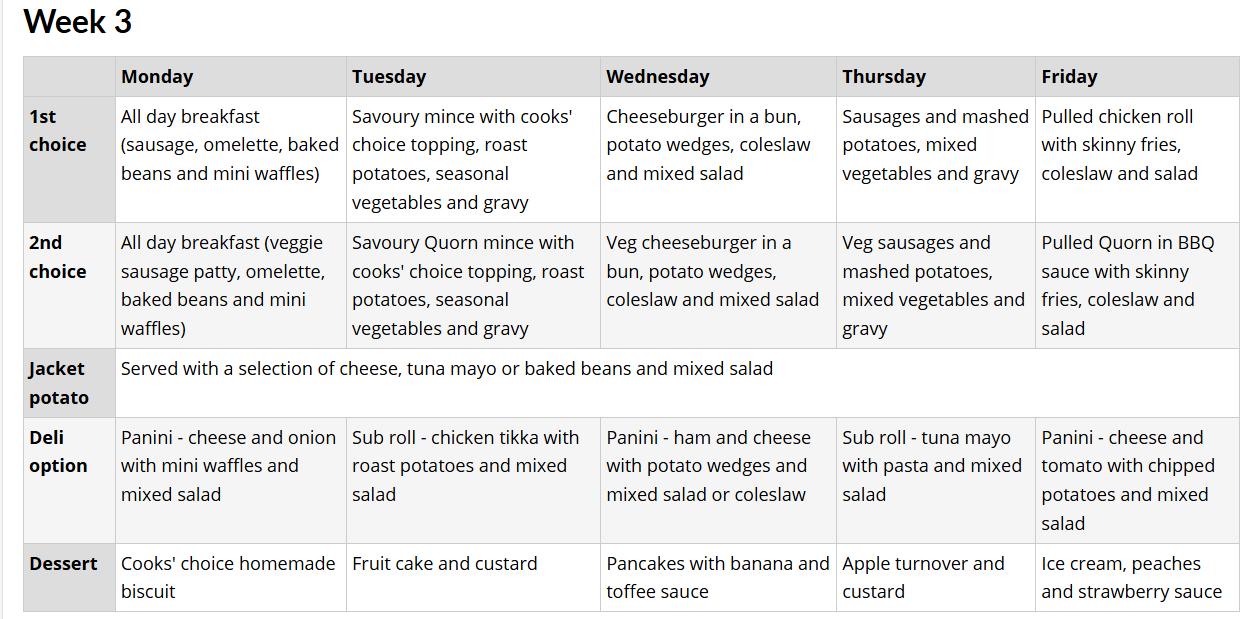 Monday to Friday Lunch Menu