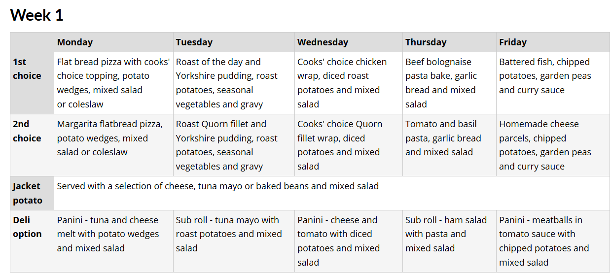 Monday to Friday Lunch Menu