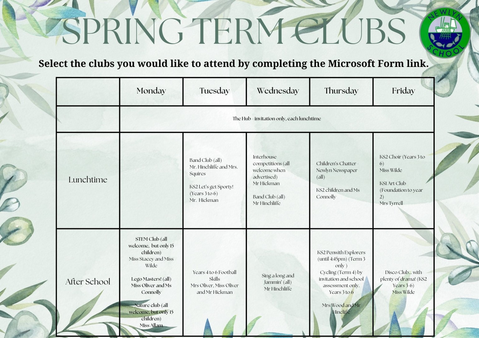 Clubs on offer in Spring 2025