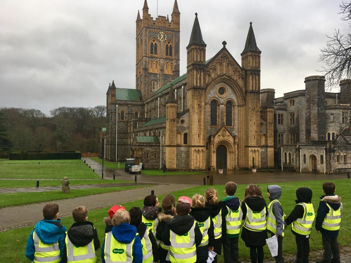 Children looking at church