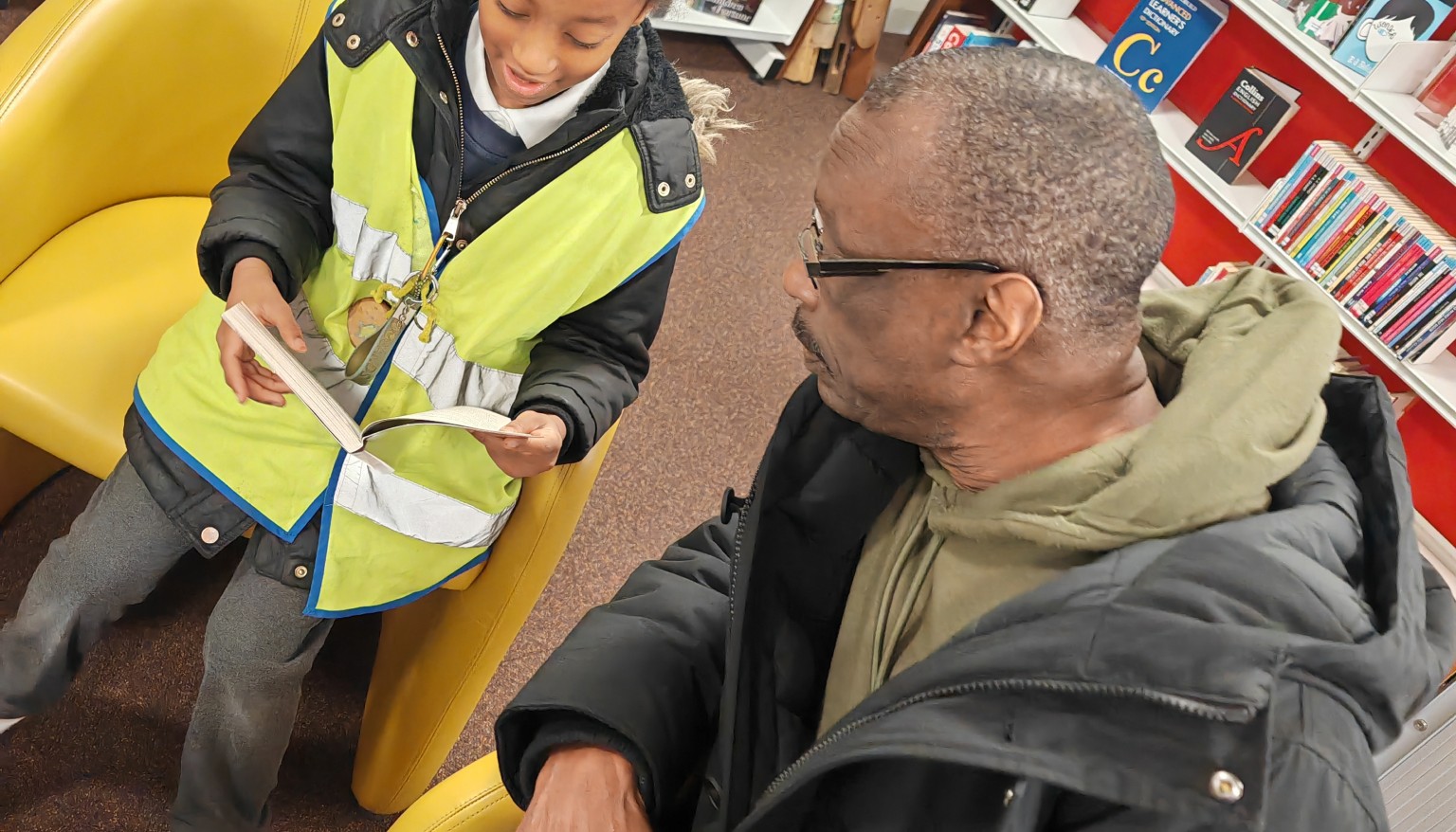 Sharing a story together.