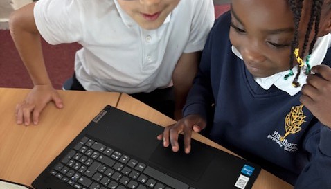 Using the laptops to find information.