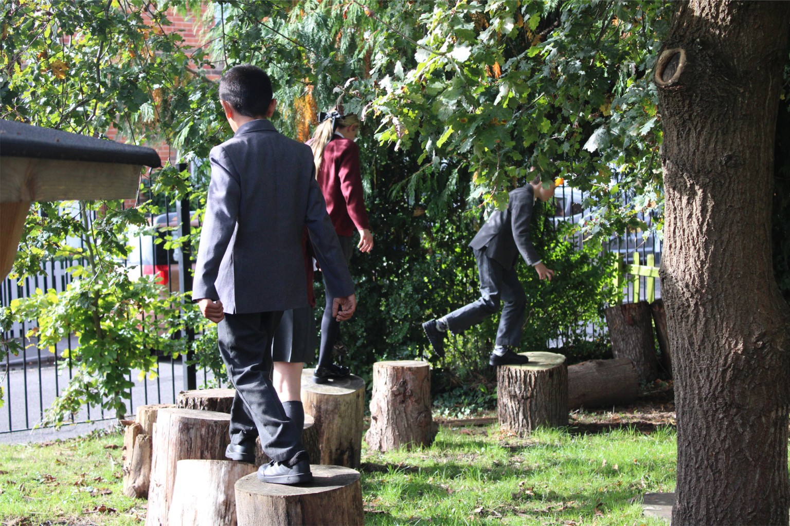 Children walking on logs