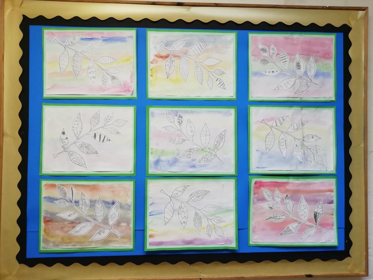 Y1 Line drawings on leaves with watercolour backgrounds