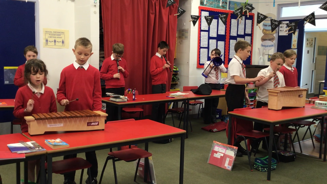Children in Keystage 2 using their instrumental skills in a Charanga music lesson