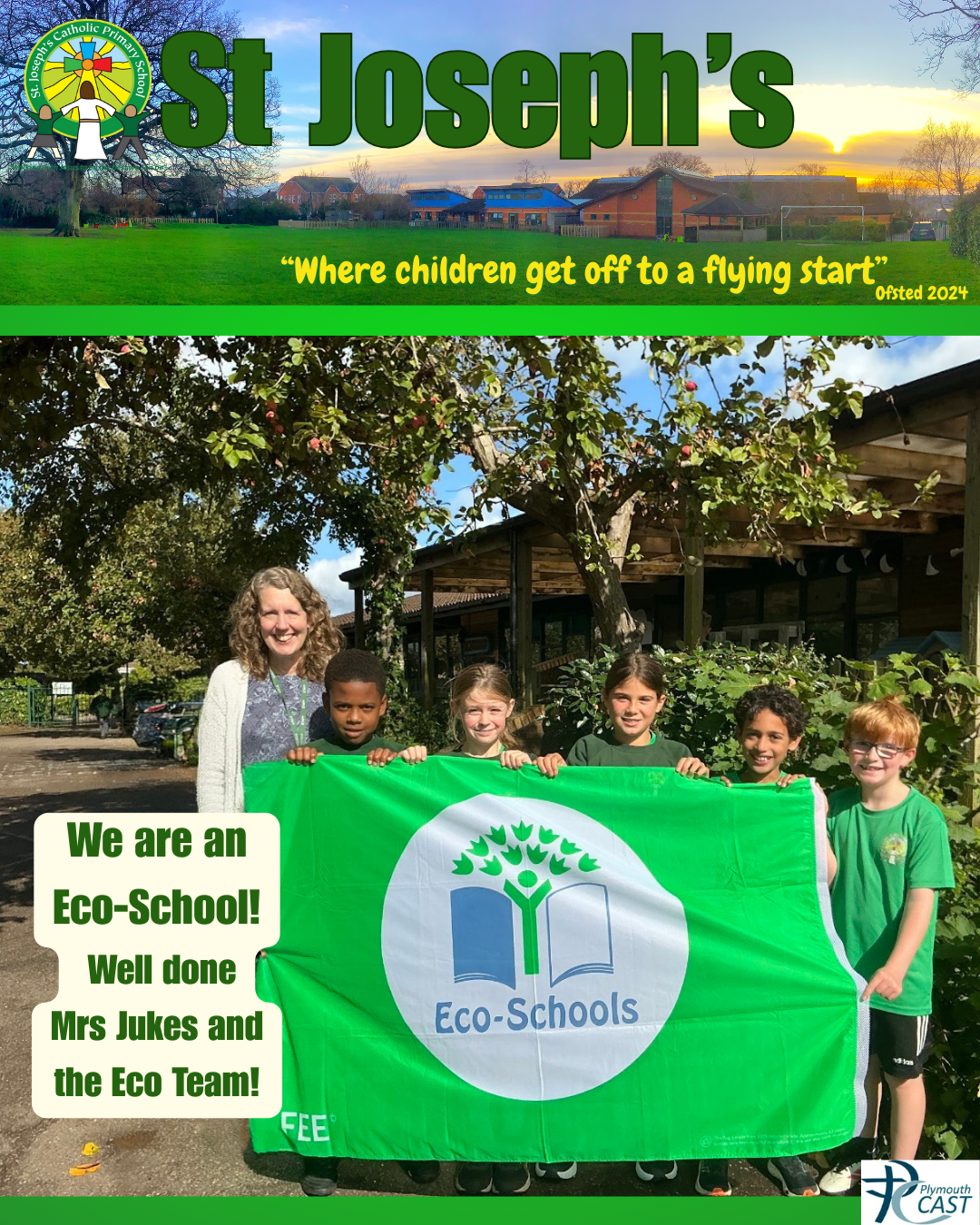 Here is our Green Flag from Eco Schools which we have been awarded for the many ways we look after our world in keeping with Laudato Si'!