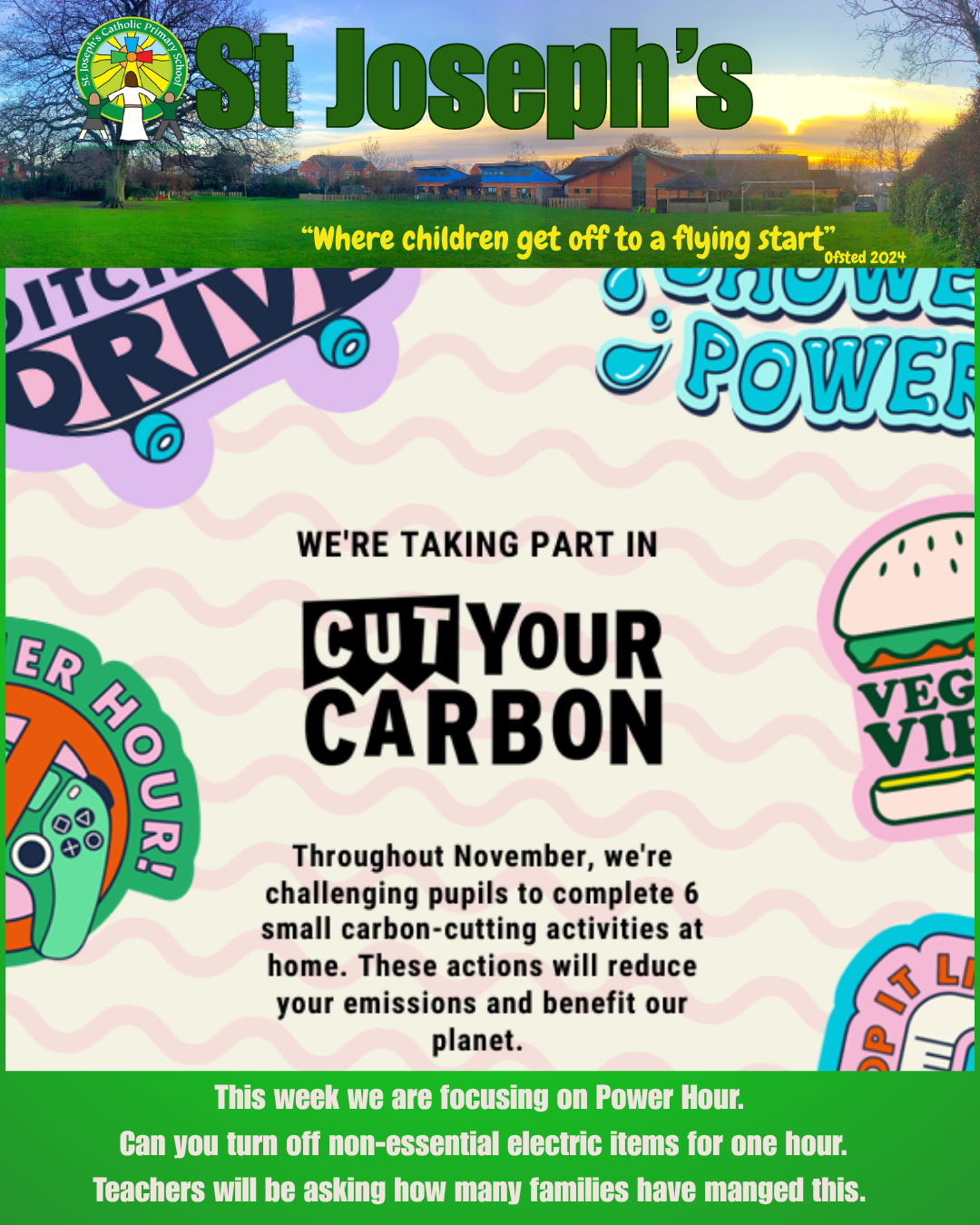 We have lots of ways we try and reduce carbon, from walk to school week, to initiatives like this one where we all tried to use less resources that have a carbon impact.