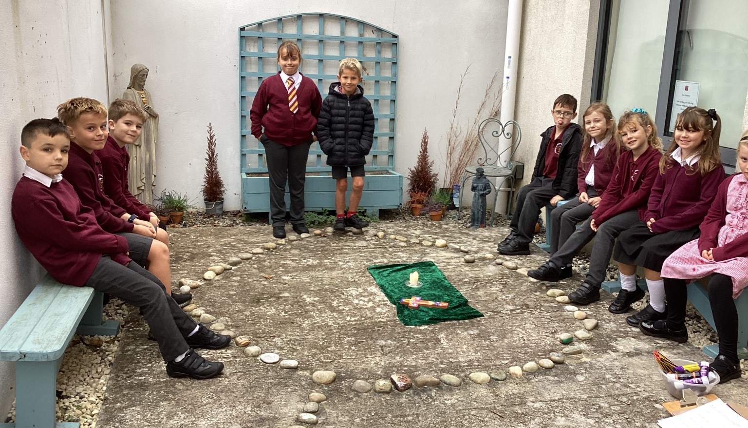 Classroom prayer in our outdoor prayer space.