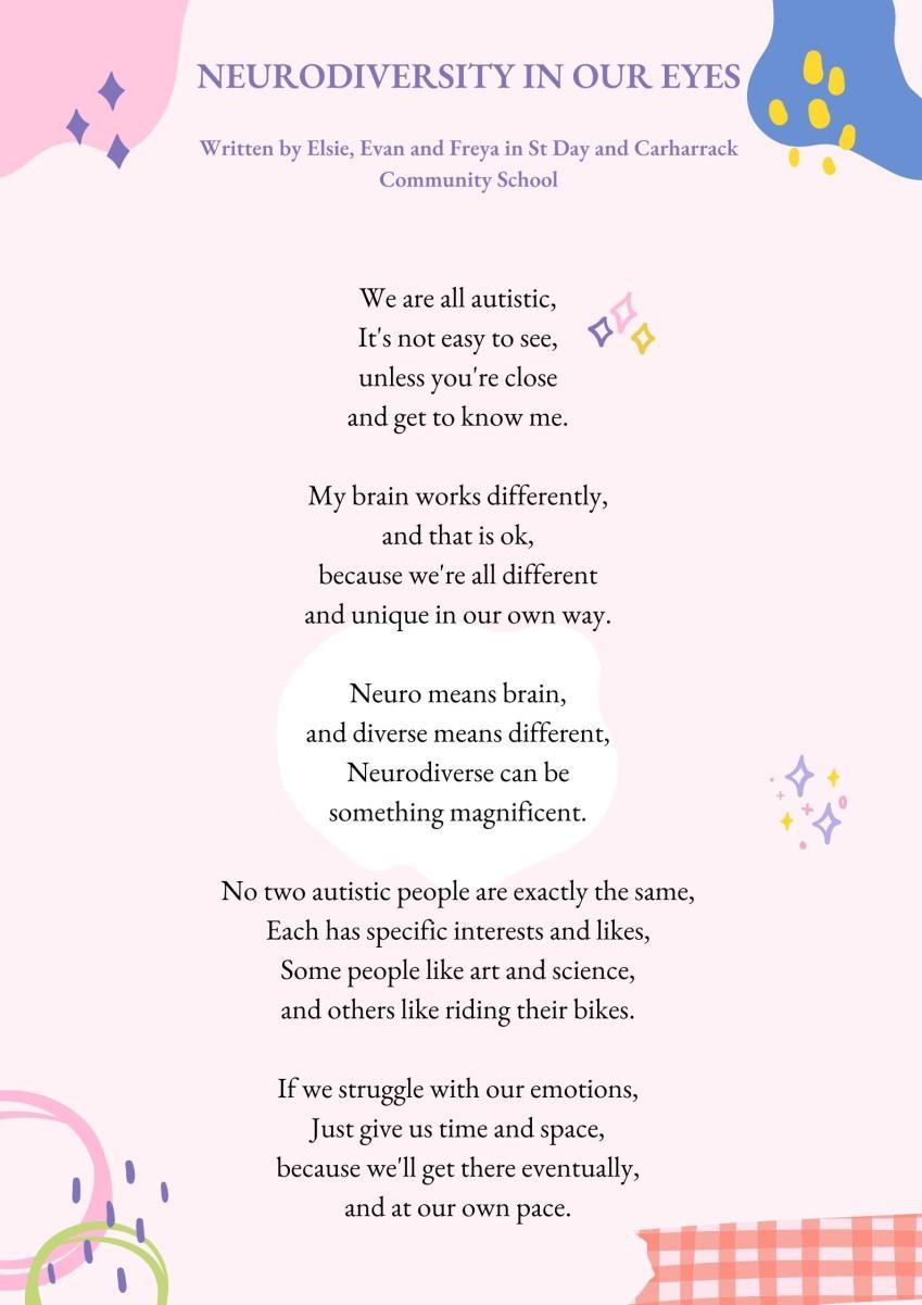 The children have written this poem all about neurodiversity to explore and celebrate it and raise awareness of this for our school community.