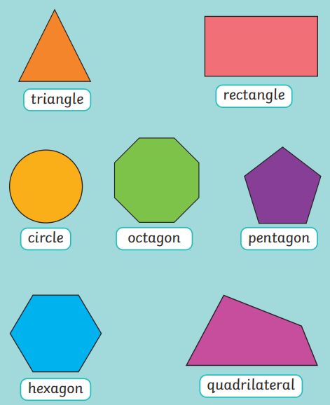 Practise these shape names at home, where can you see them in the world around you? How many sides do they have? How many vertices do they have?