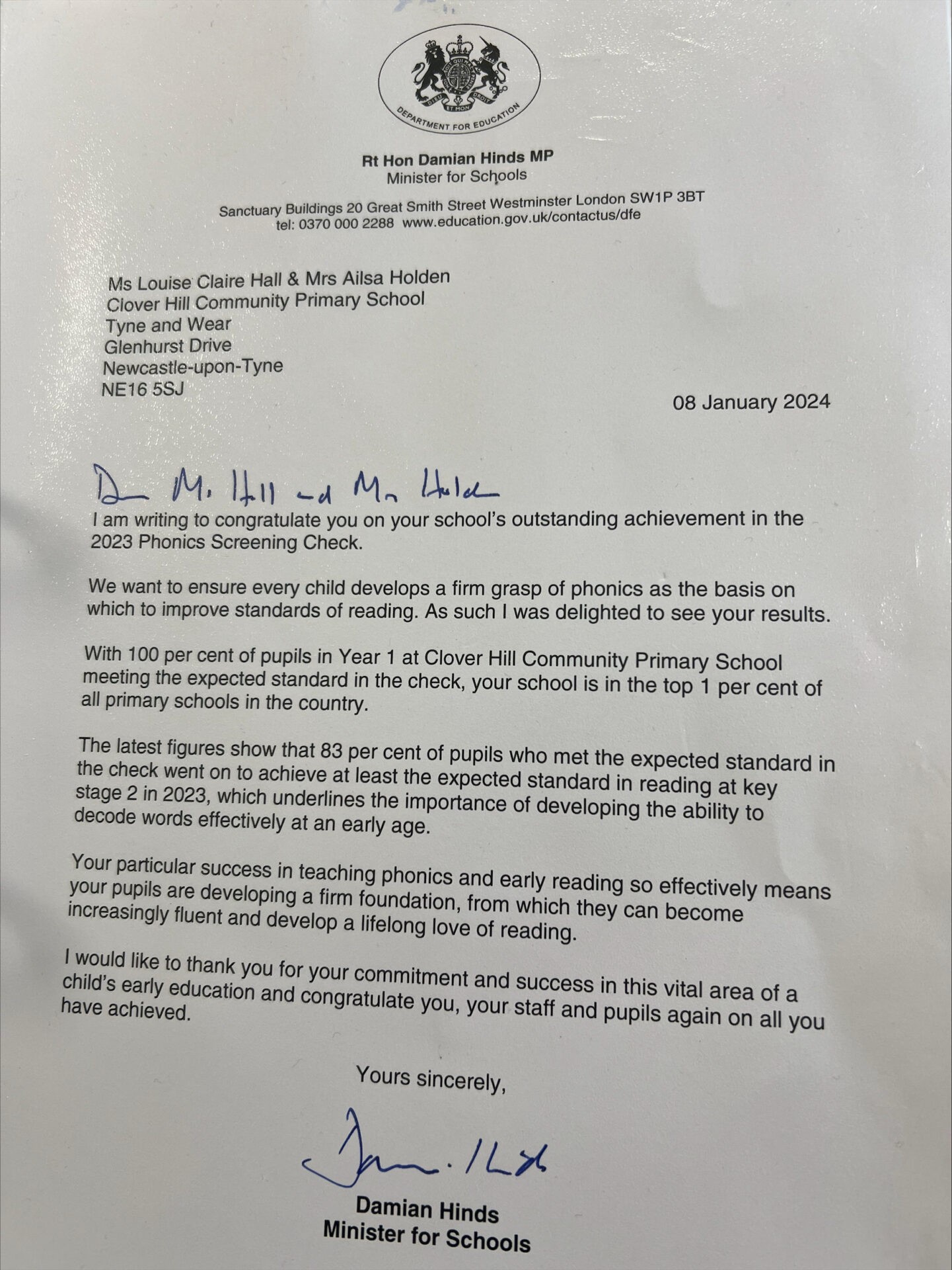 Damian Hinds (the Minister for Schools) Letter