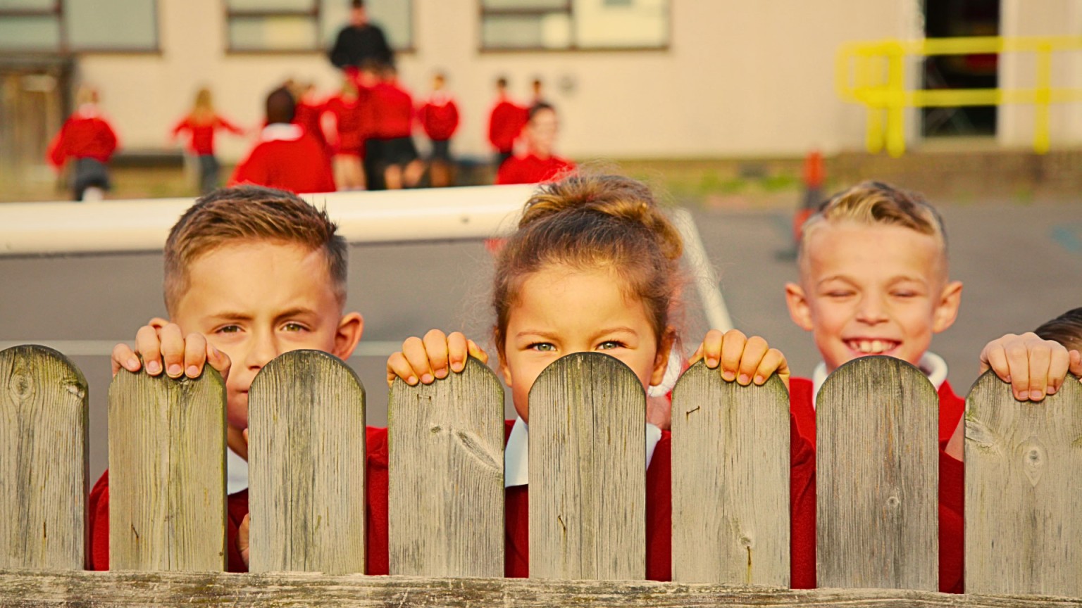 Children peering over a fence