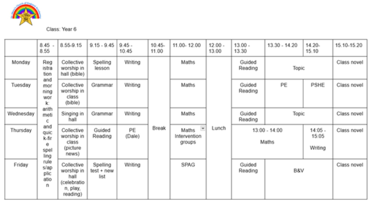 Year 6 Timetable