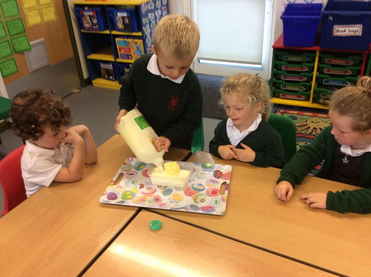 Making butter from milk for our homemade bread.