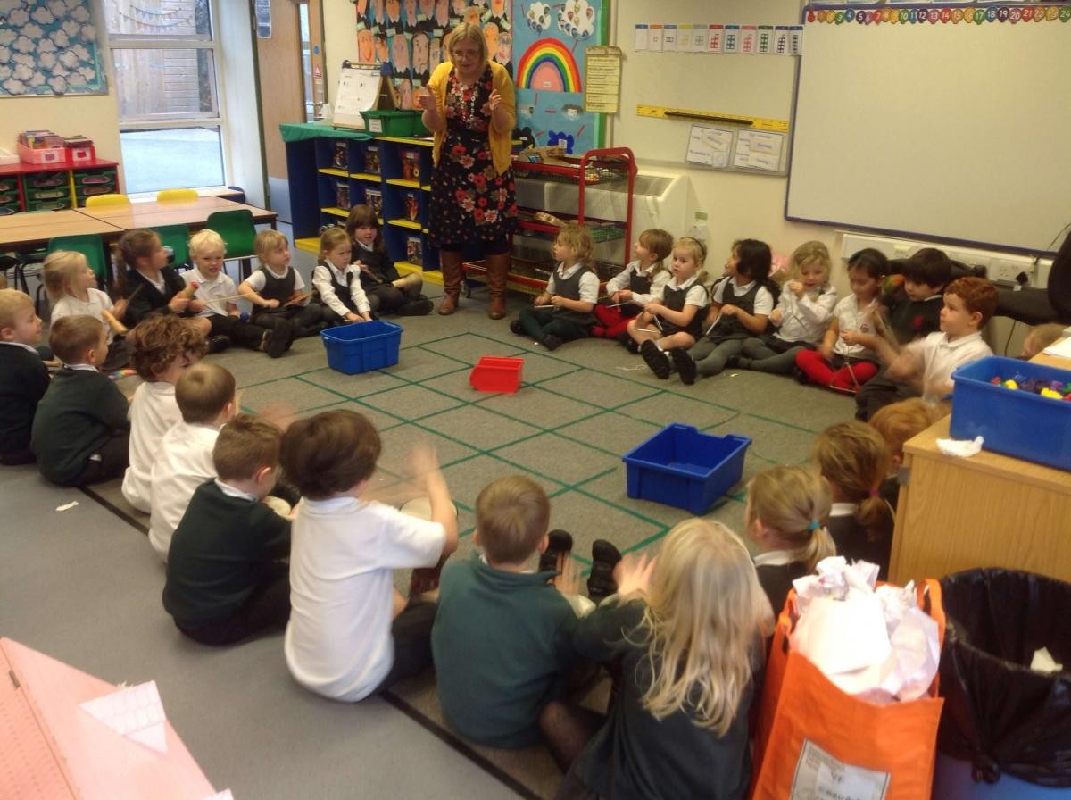We talk about sounds in music, playing percussion instruments.