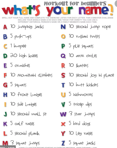 Have a go at spelling your name using this workout idea! 