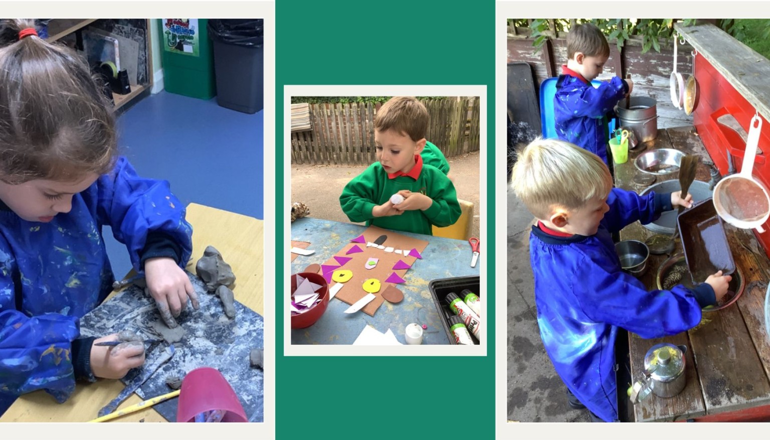 We love playing in the mud kitchen and creating art with different materials