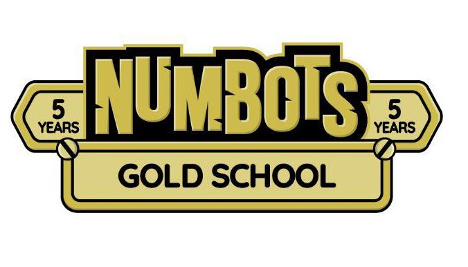 It's a logo for NumBots Gold School, celebrating 5 years.  The design features the name "NumBots" in gold stylized lettering on a black background, within a gold banner that also states "Gold School".  Gold side panels indicate "5 Years".
