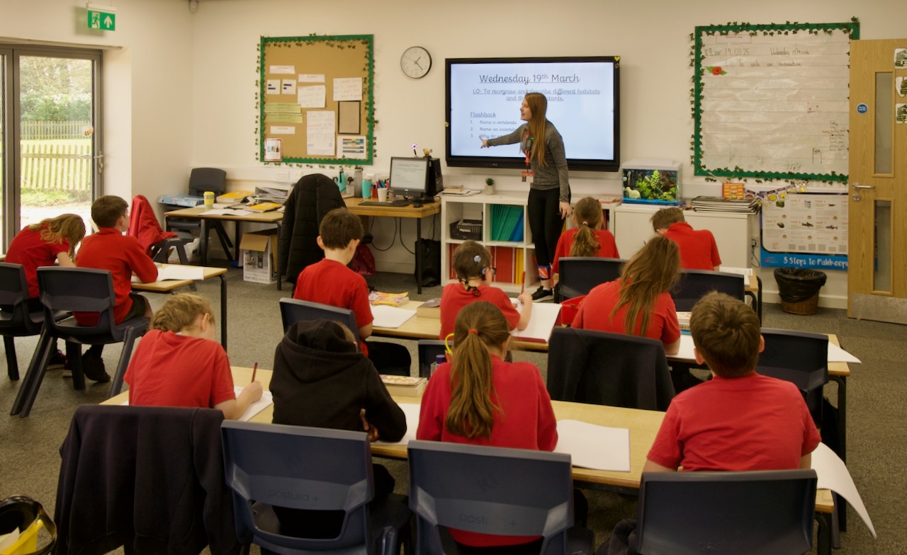 Children sat in a lesson looking at teacher 