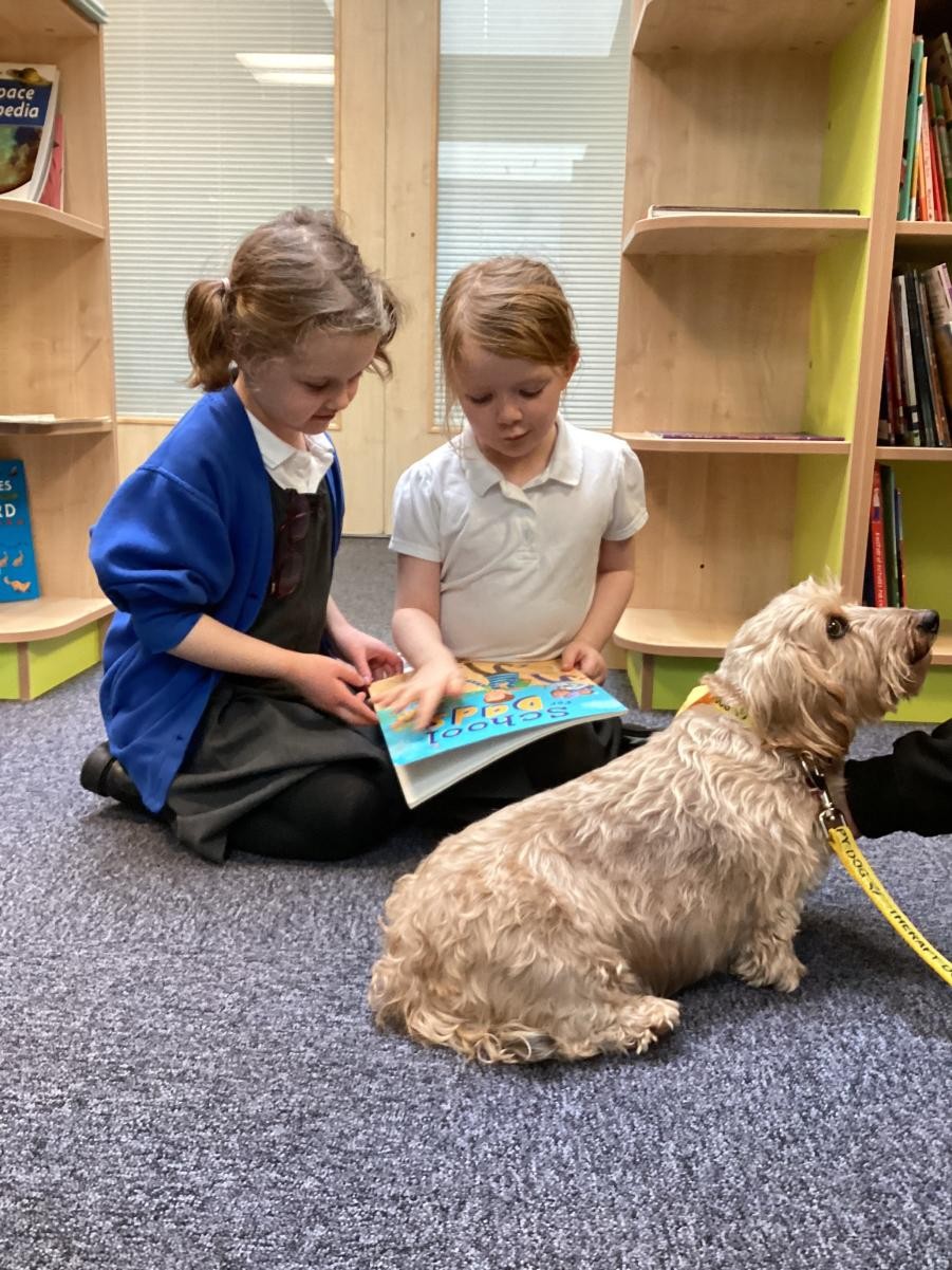 Lily enjoying some quiet reading with children in the library