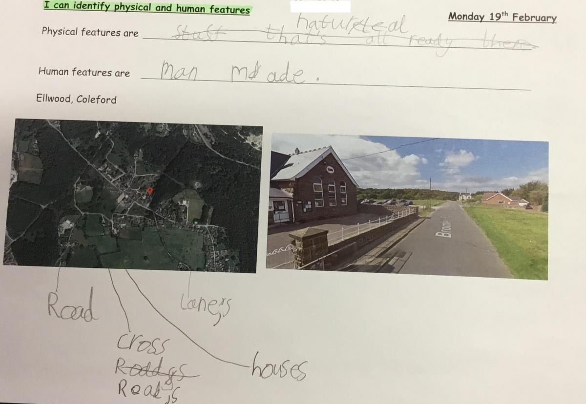 The children have used aerial photos and street views to identify the human and physical features around school.