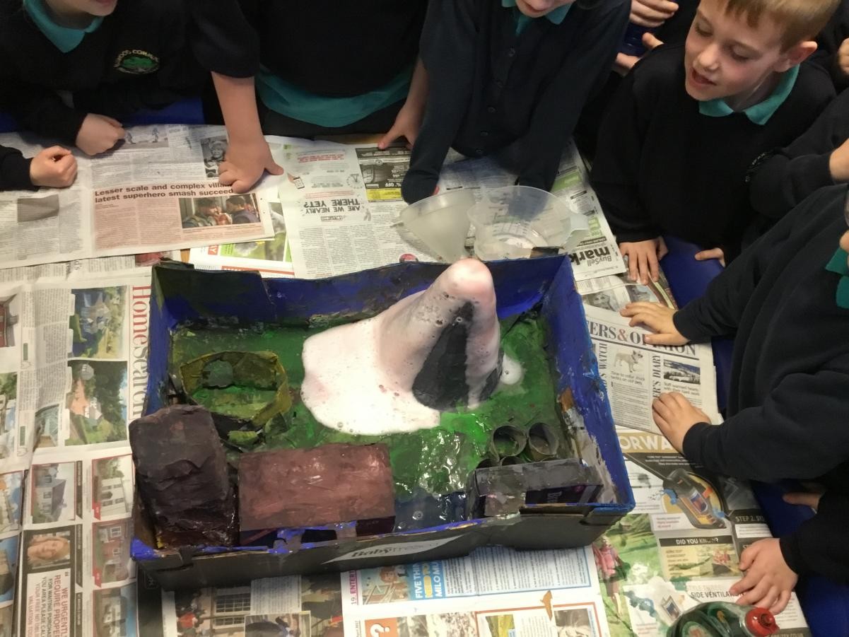 The model volcanoes showed how lava flows away after an eruption.