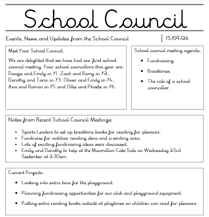 Please see our notes from our first school council meeting with our new councillors. We're excited to see what positive changes we can bring to the school this year! 