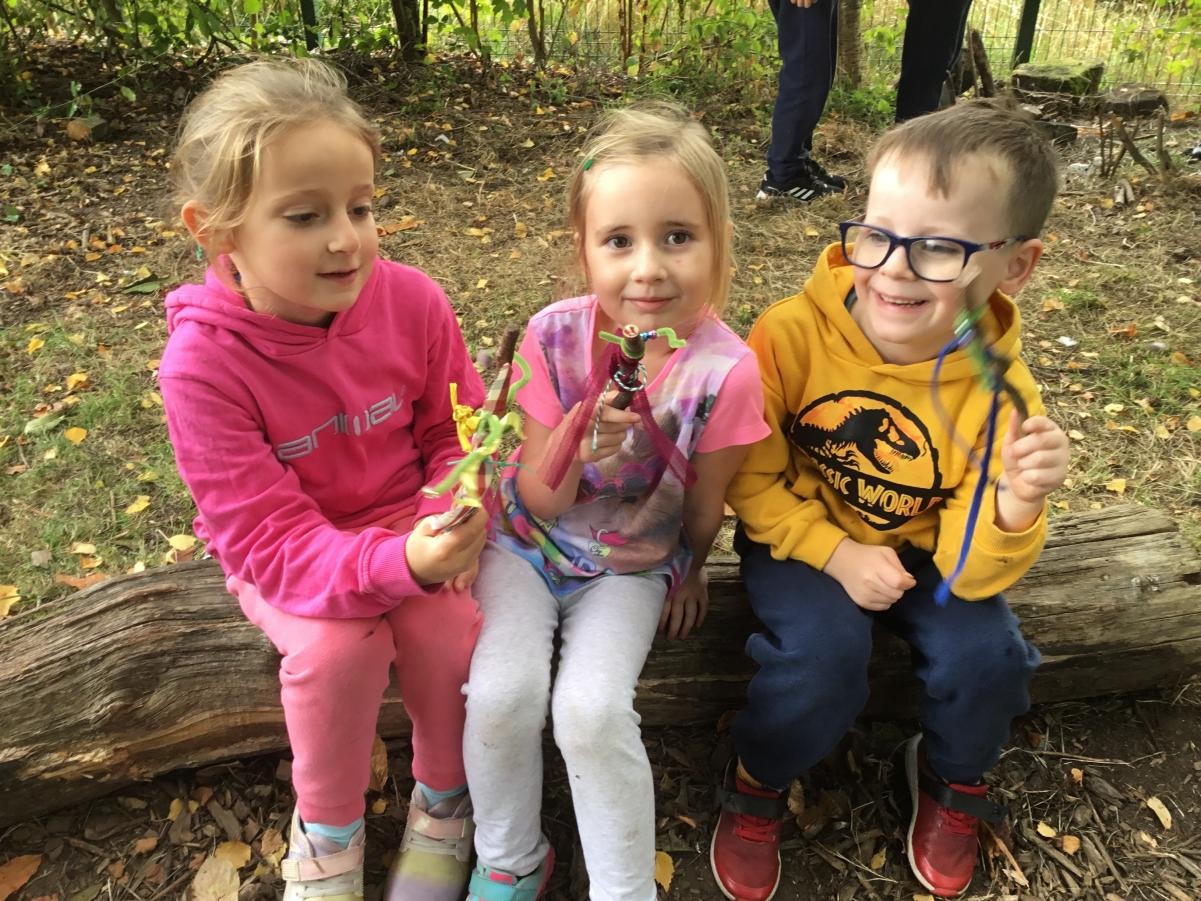 They found a bag of string and bits and made caterpillars and stick men that we had done last year.
