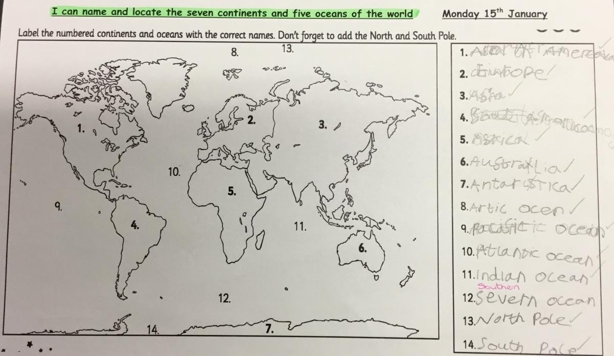 Chestnut have used atlases and maps to locate and name the seven continents and five oceans of the world.