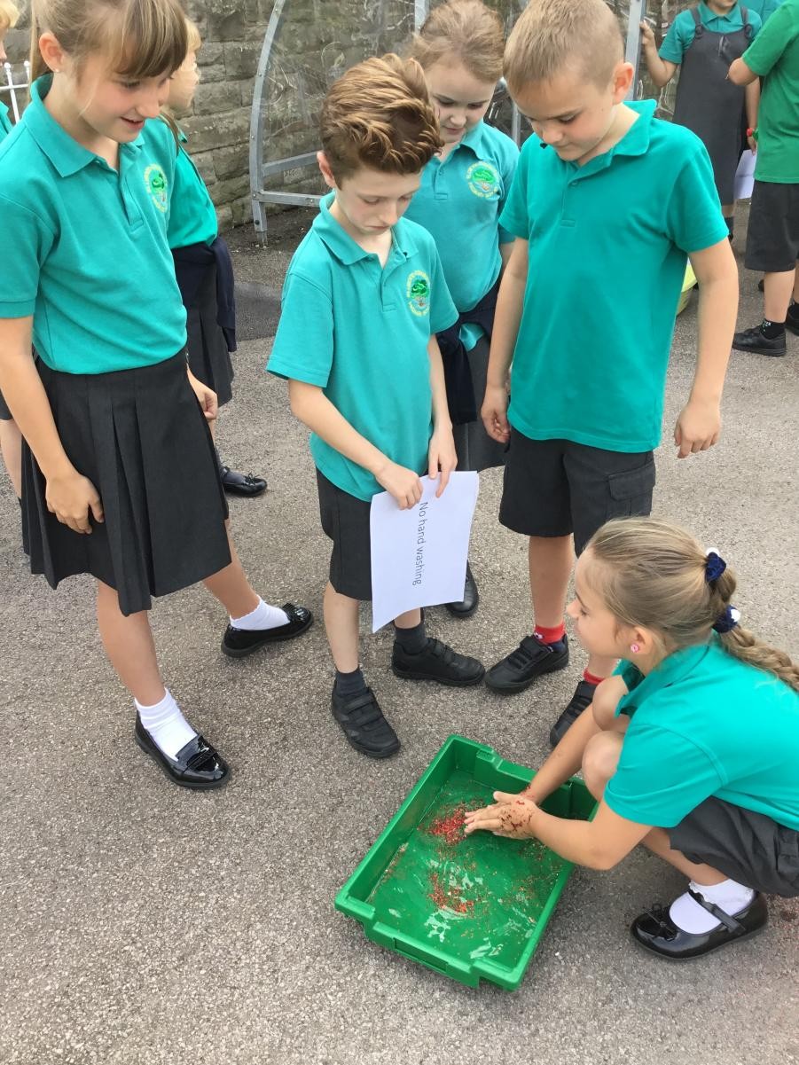 Hand hygiene - learning about the spread of harmful microbes. 