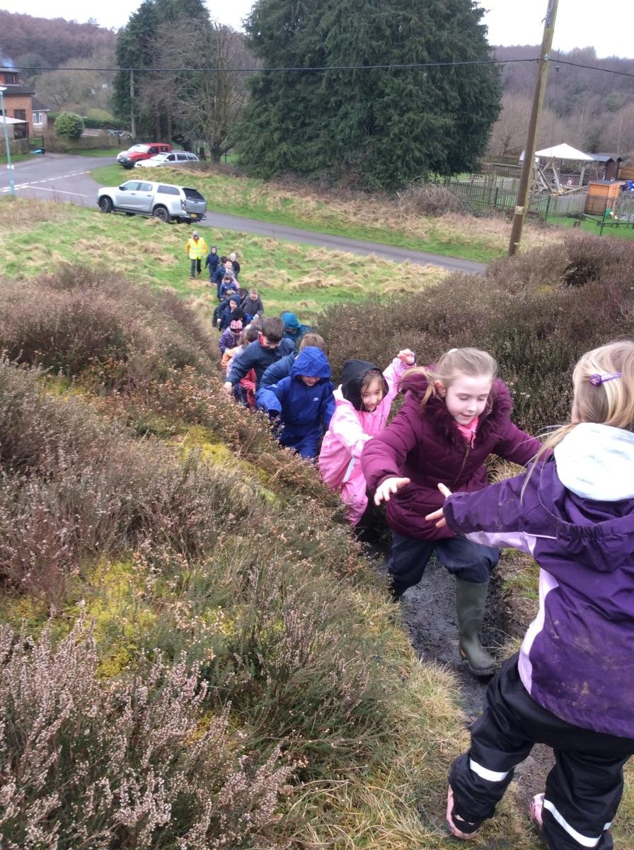 Climbing the tump and looking at Heather.