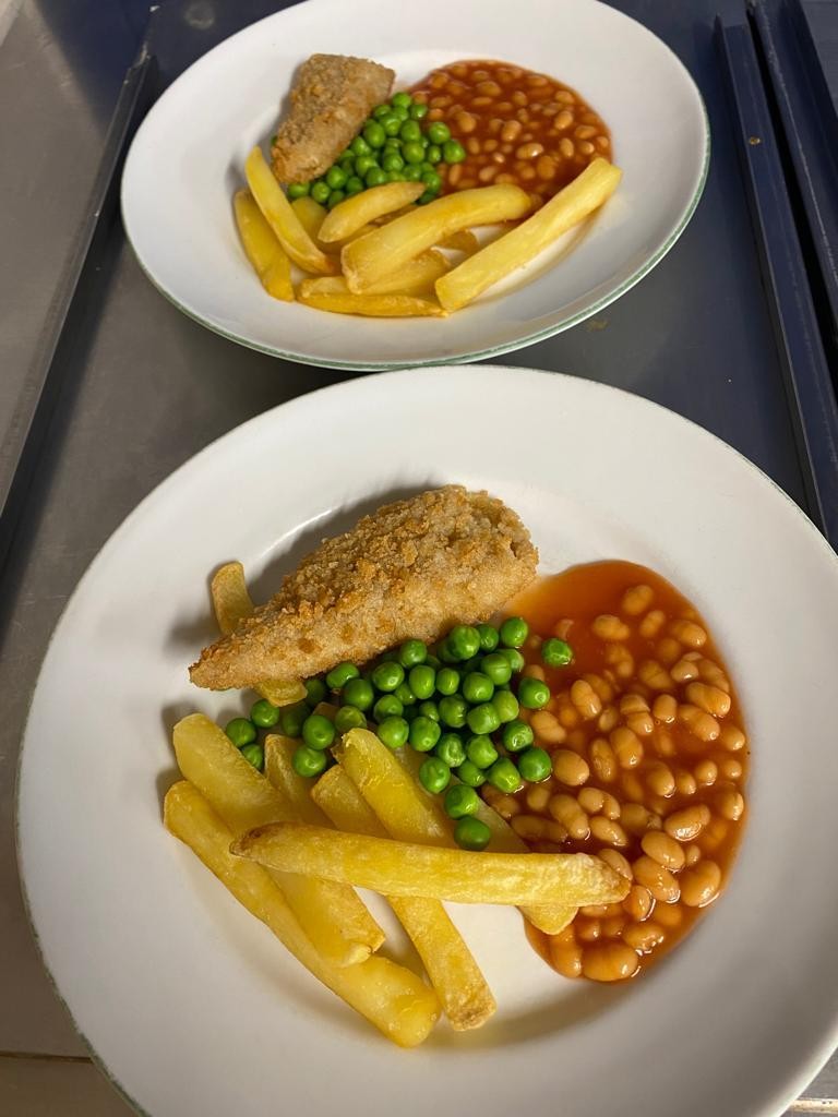 Fish and chips with peas, beans or both!