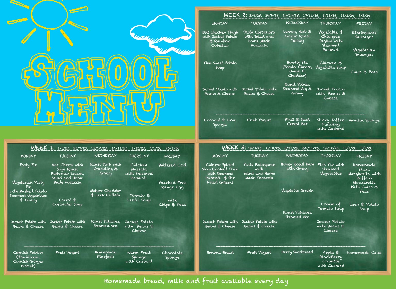 School lunch menu from September to February Half Term