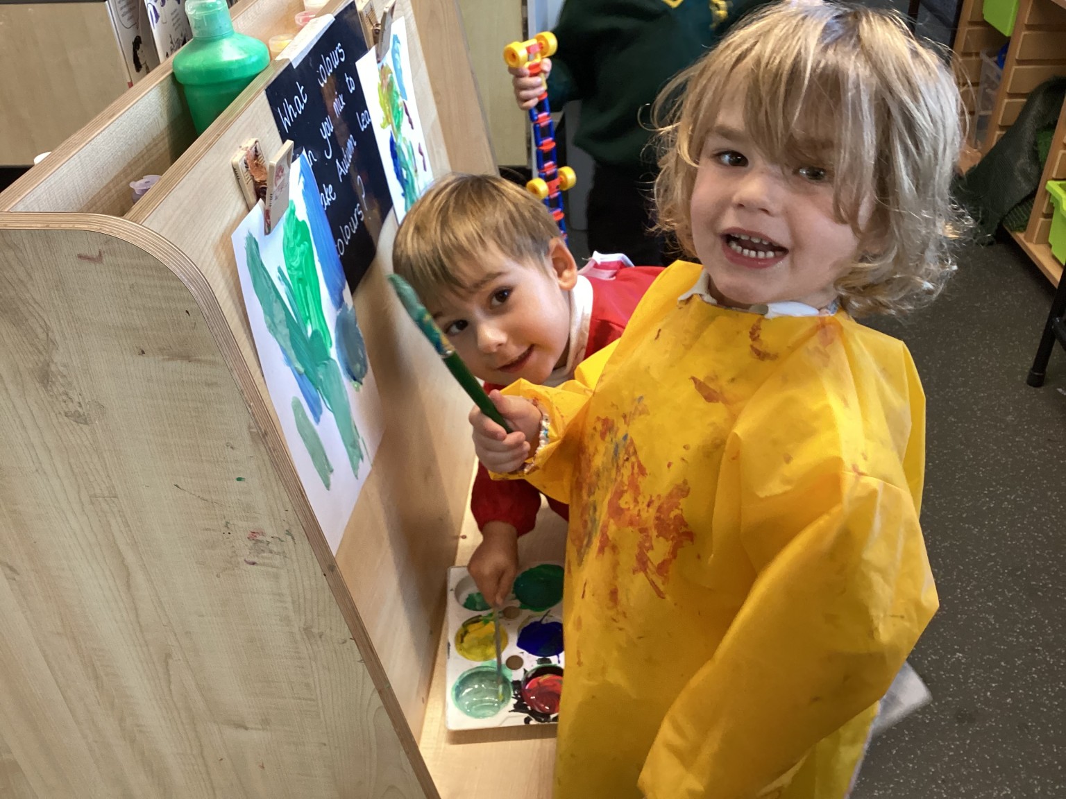 Exploring mixing colours.