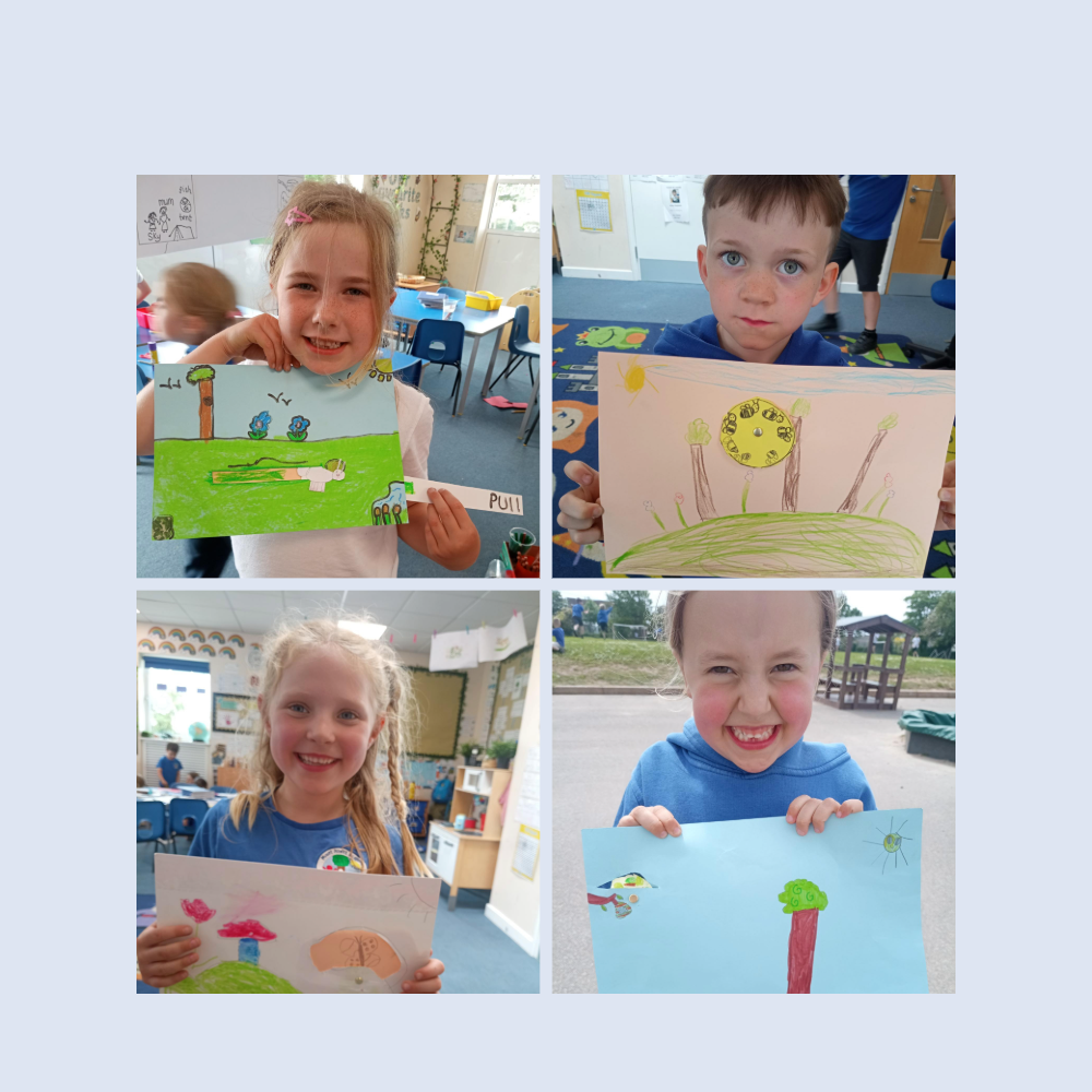 Moving minibeast pictures, using lever, pivot and wheel mechanisms. 