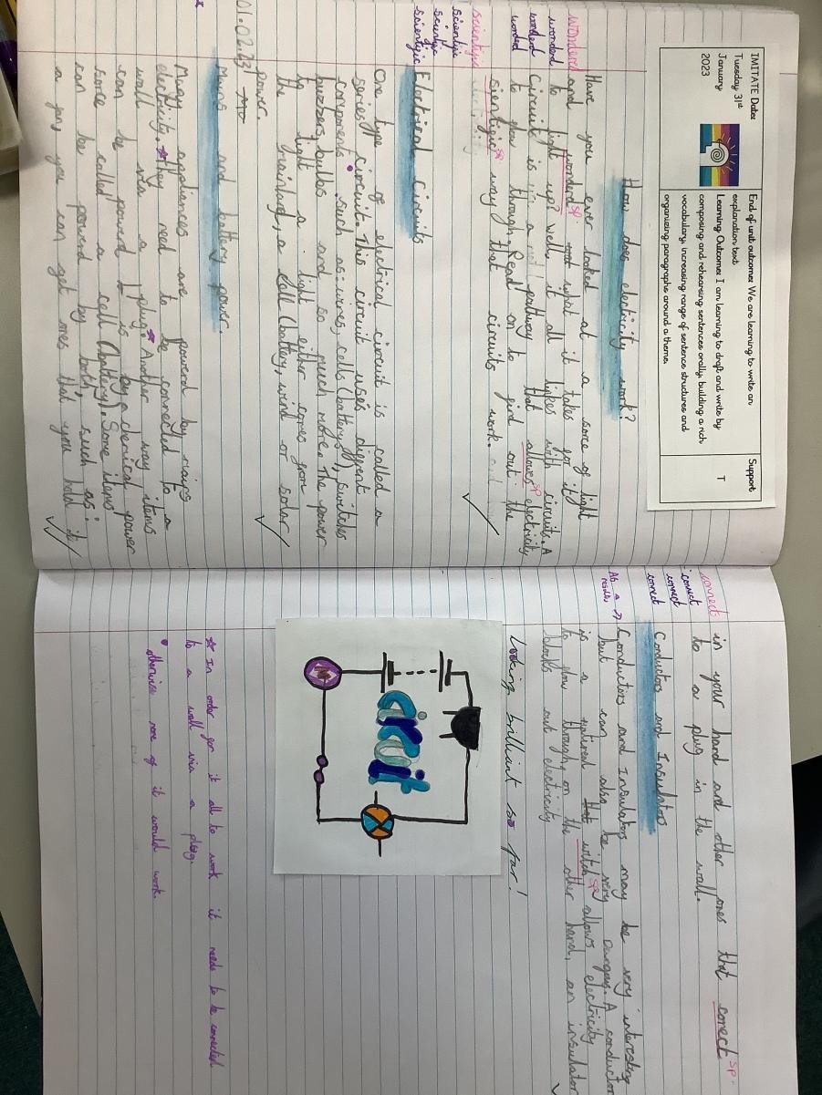 Trevithick class have been applying their knowledge on electricity and circuits in Science within their explanation text writing in English.