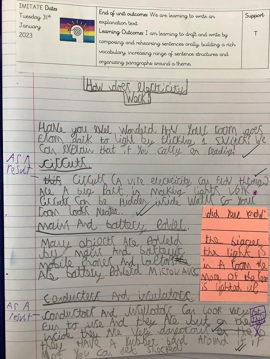 Trevithick class have been applying their knowledge on electricity and circuits in Science within their explanation text writing in English.