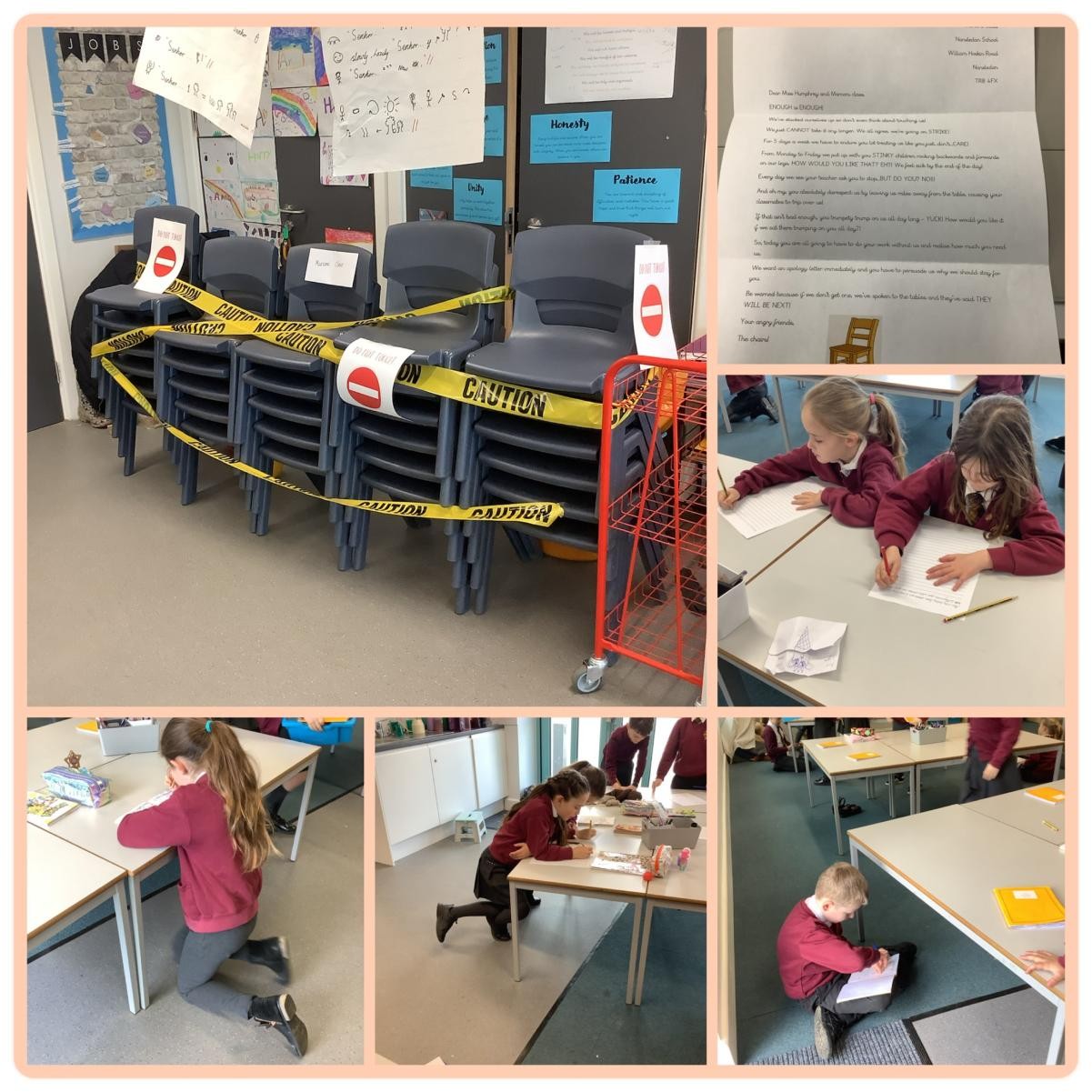 Marconi's chairs have quit! Can the class write a letter to persuade them to come back?