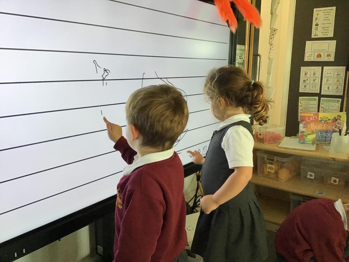 Pupils in Shackleton using an interactive whiteboard to improve handwriting