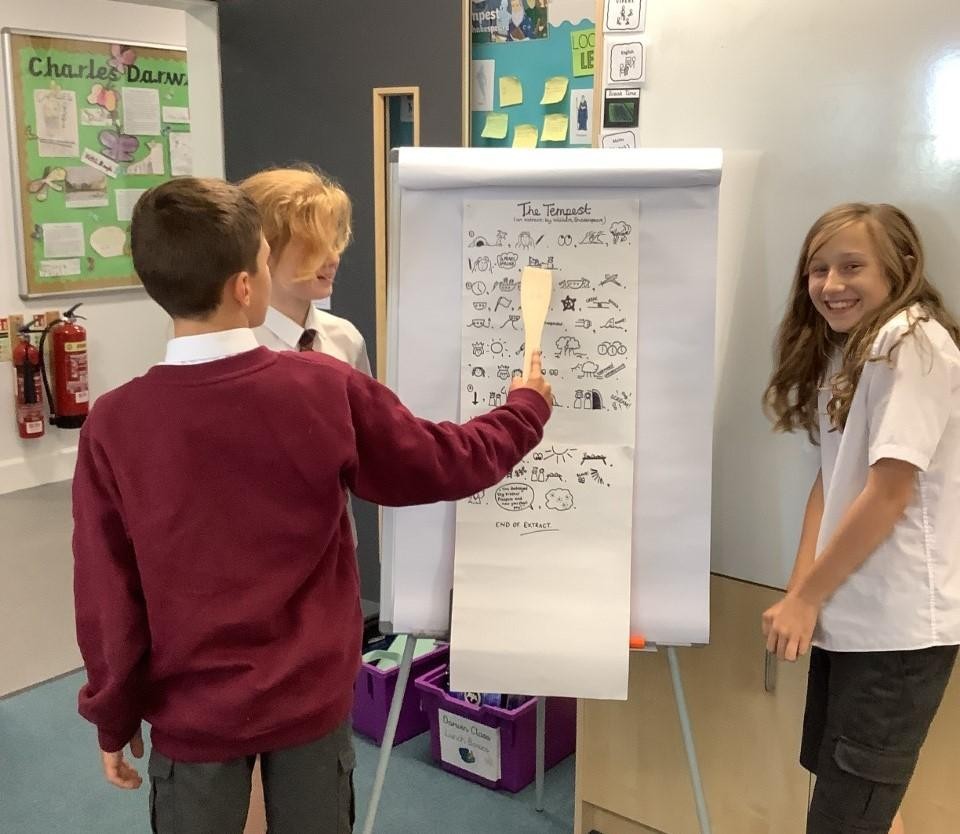 Pupils in year 6 orally rehearsing a retelling of 'The Tempest' by William Shakespeare. 