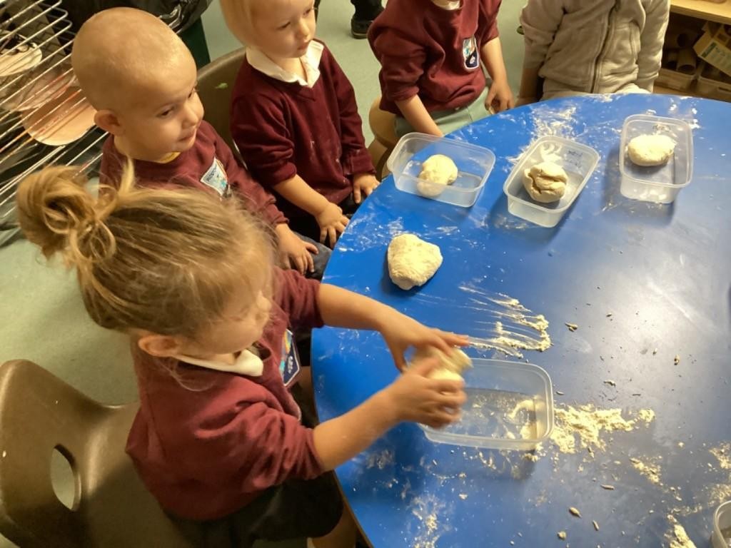 Making bread linked to the story Little Red Hen for Harvest Festival