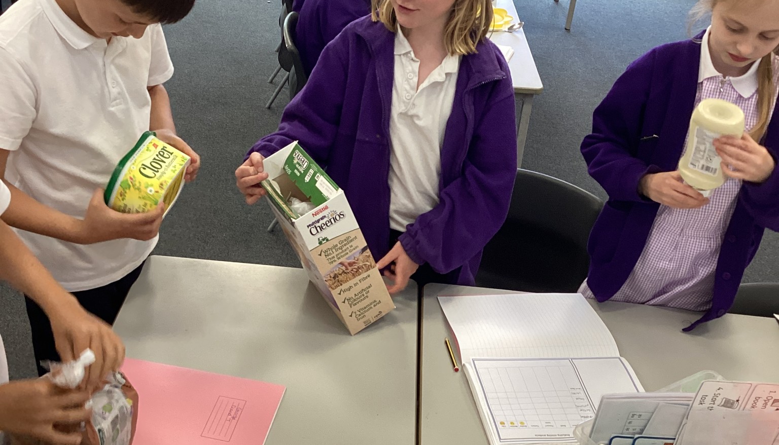 Pupils evaluated a range of existing food products such as bread, cereals, and butter, examining packaging and exploring taste, smell, appearance, and texture to understand what makes a successful product.