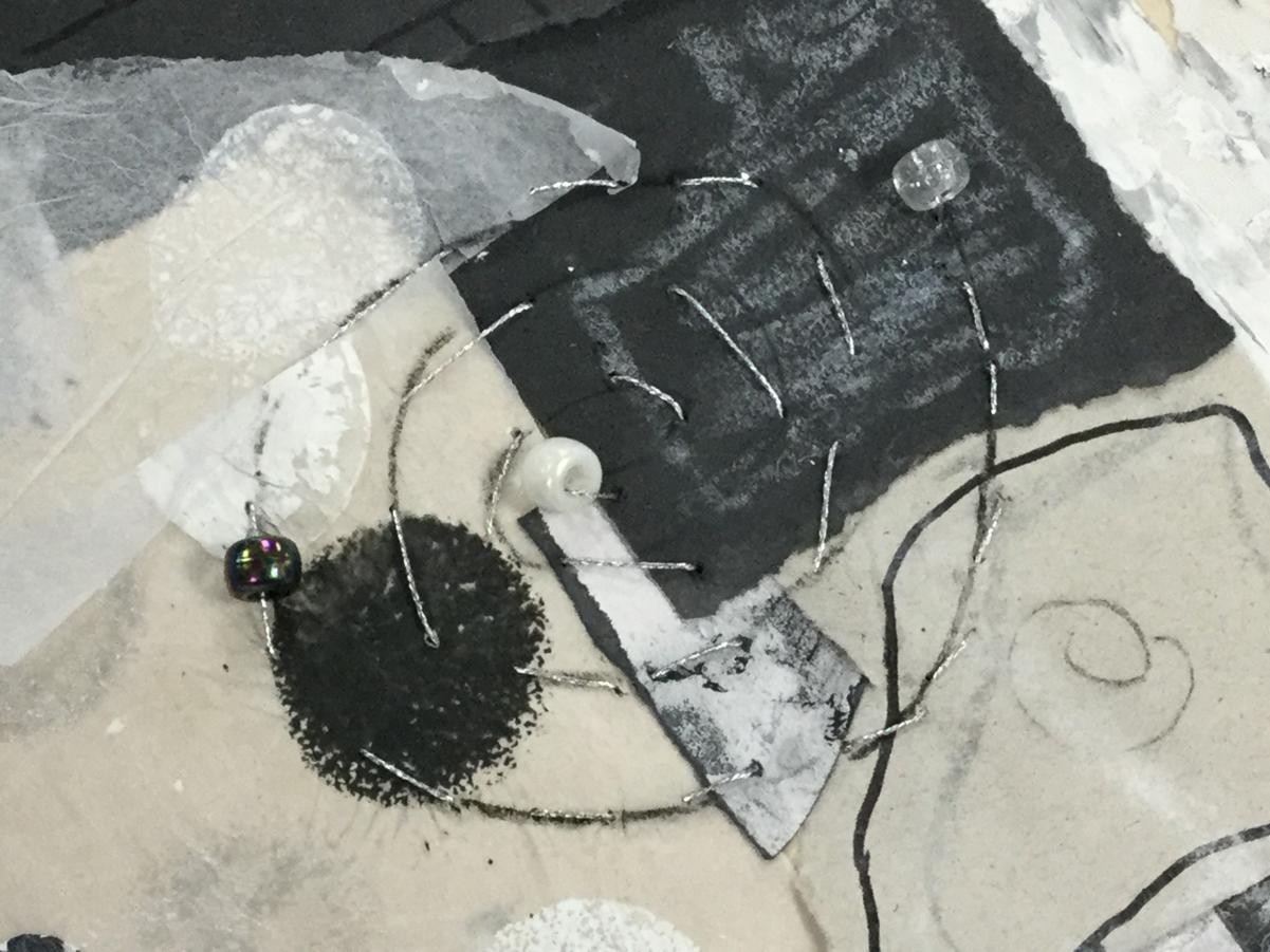 Textiles. Adding stitching and embellishments to collage work.