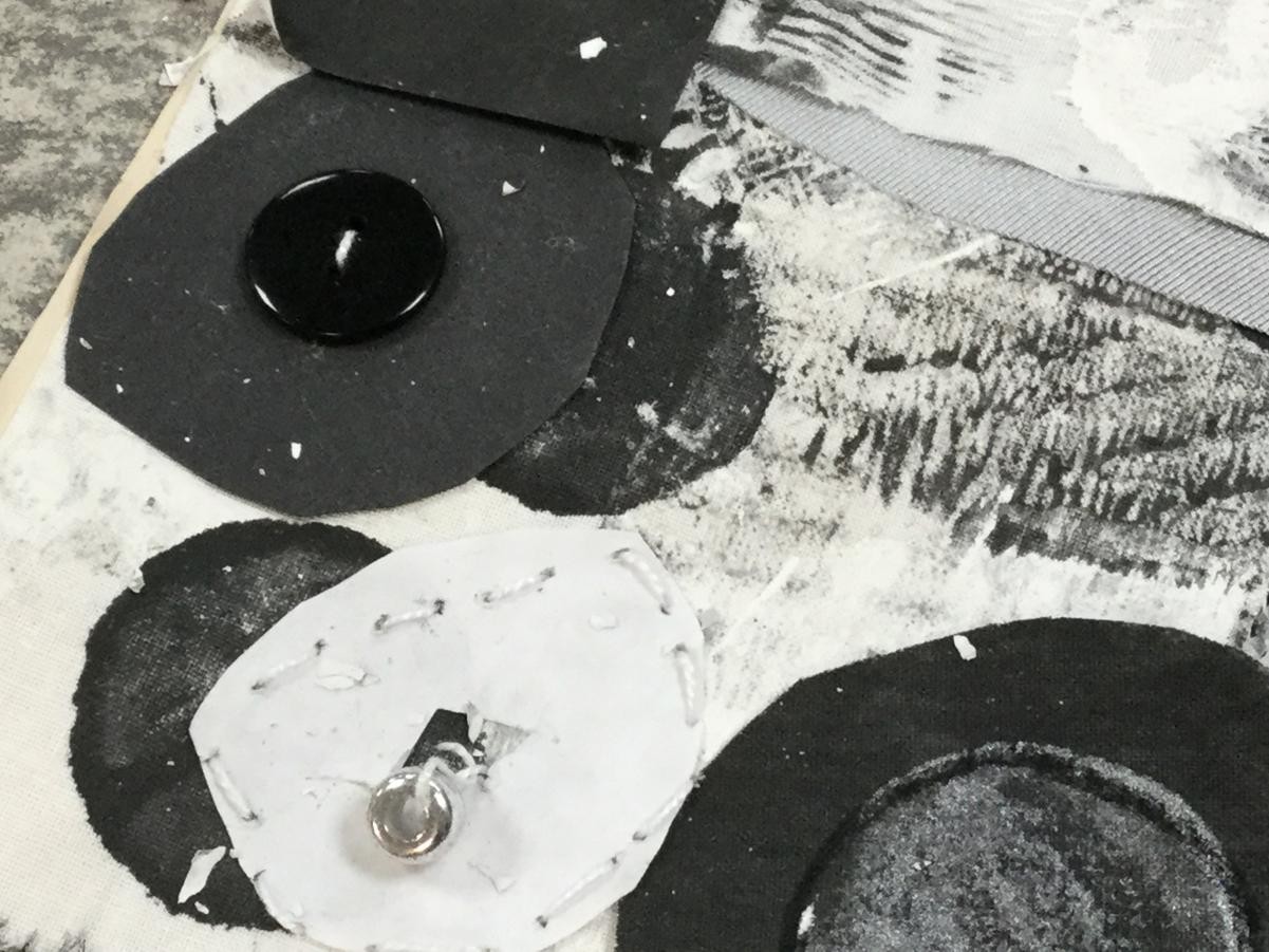 Textiles. Adding stitching and embellishments to collage work.