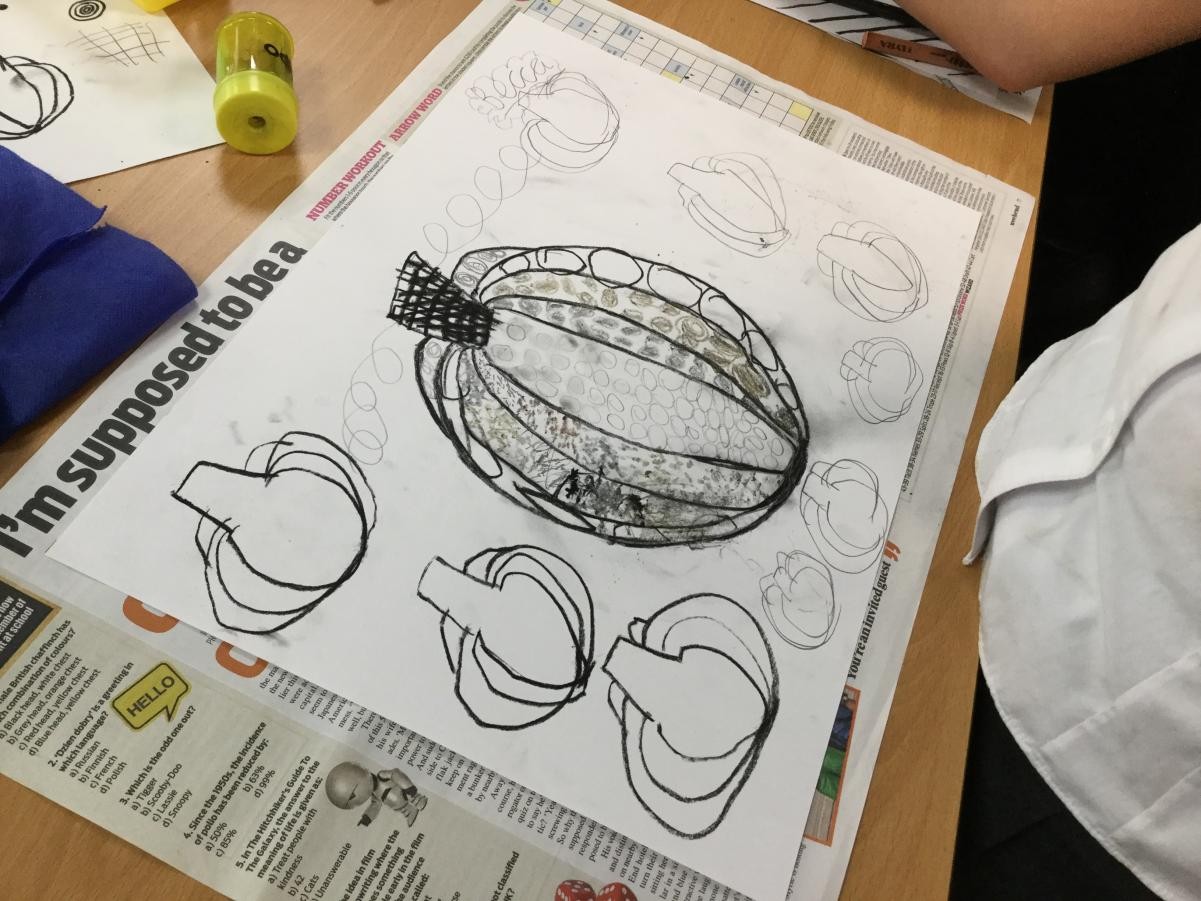 Drawing. Exploring marks pumpkin warm up.