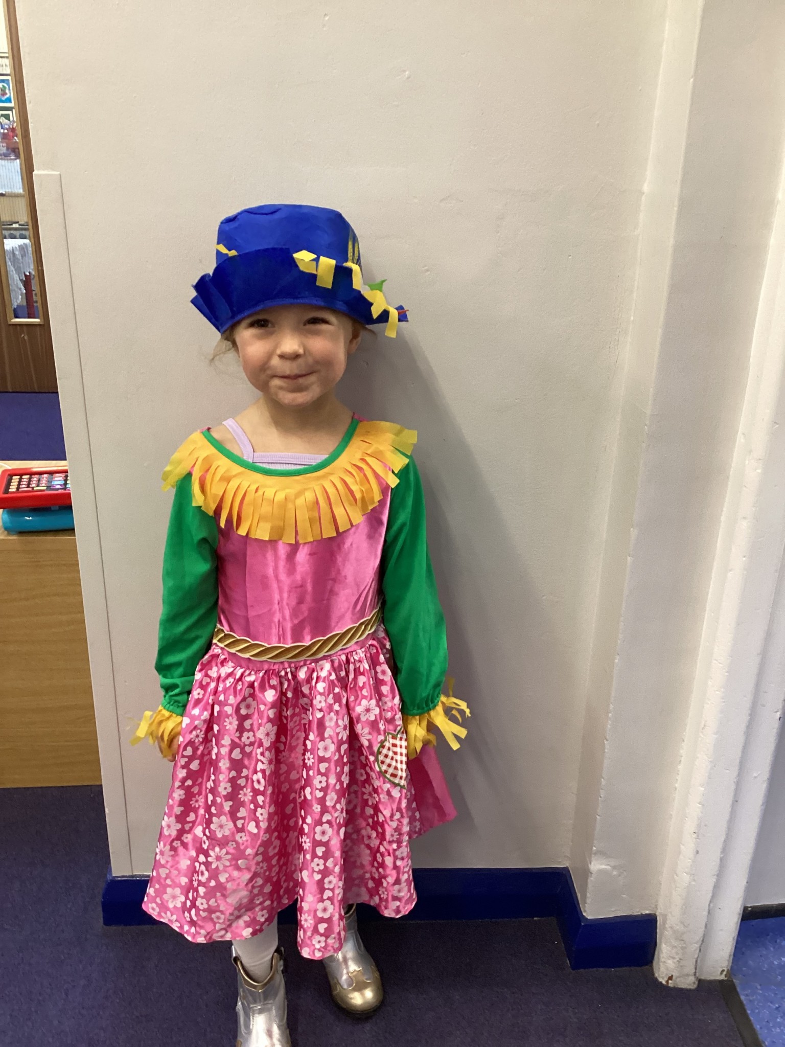 The children all dressed up as scarecrows for their Harvest Assembly.