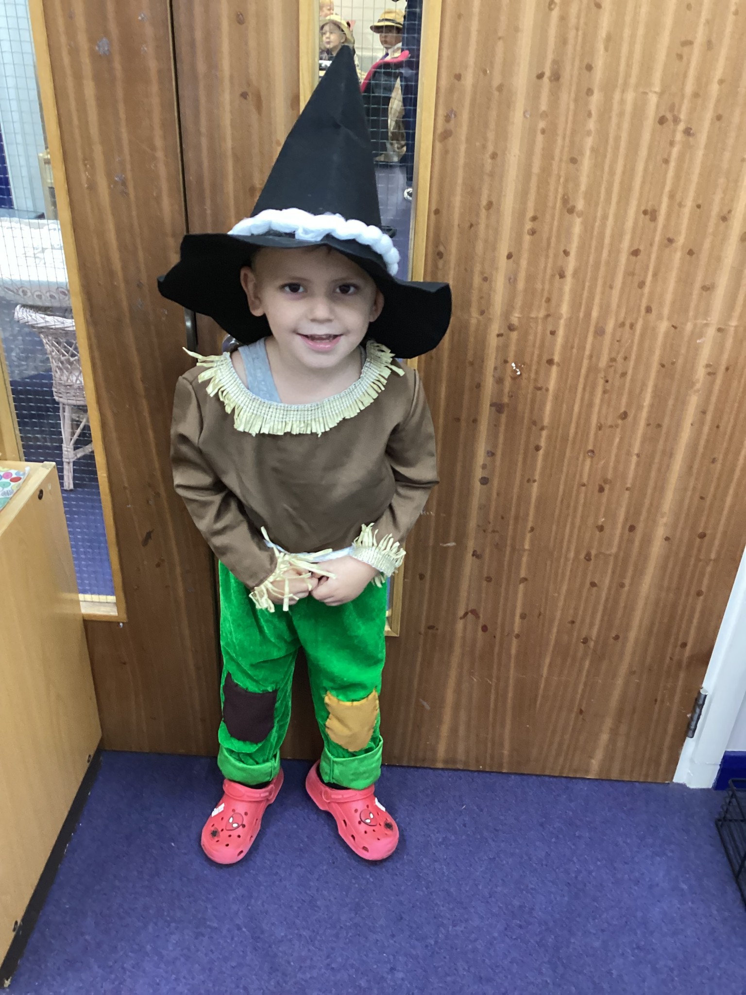 The children all dressed up as scarecrows for their Harvest Assembly.