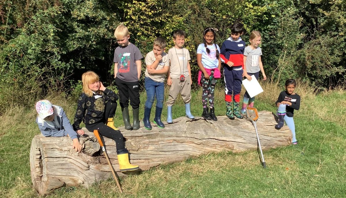 Children stood a log